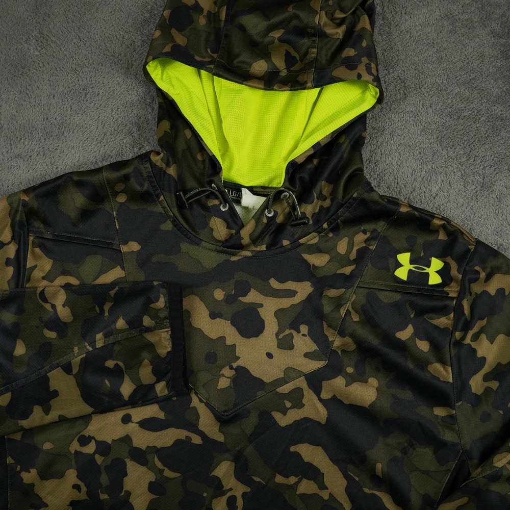 Under Armour Hoodie Mens Large Green Camo Neon Yellow Mesh Fitted Pullover